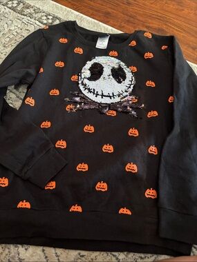 Disney Black Kids Sweatshirt with Orange Pumpkin Print and Sequin Skull